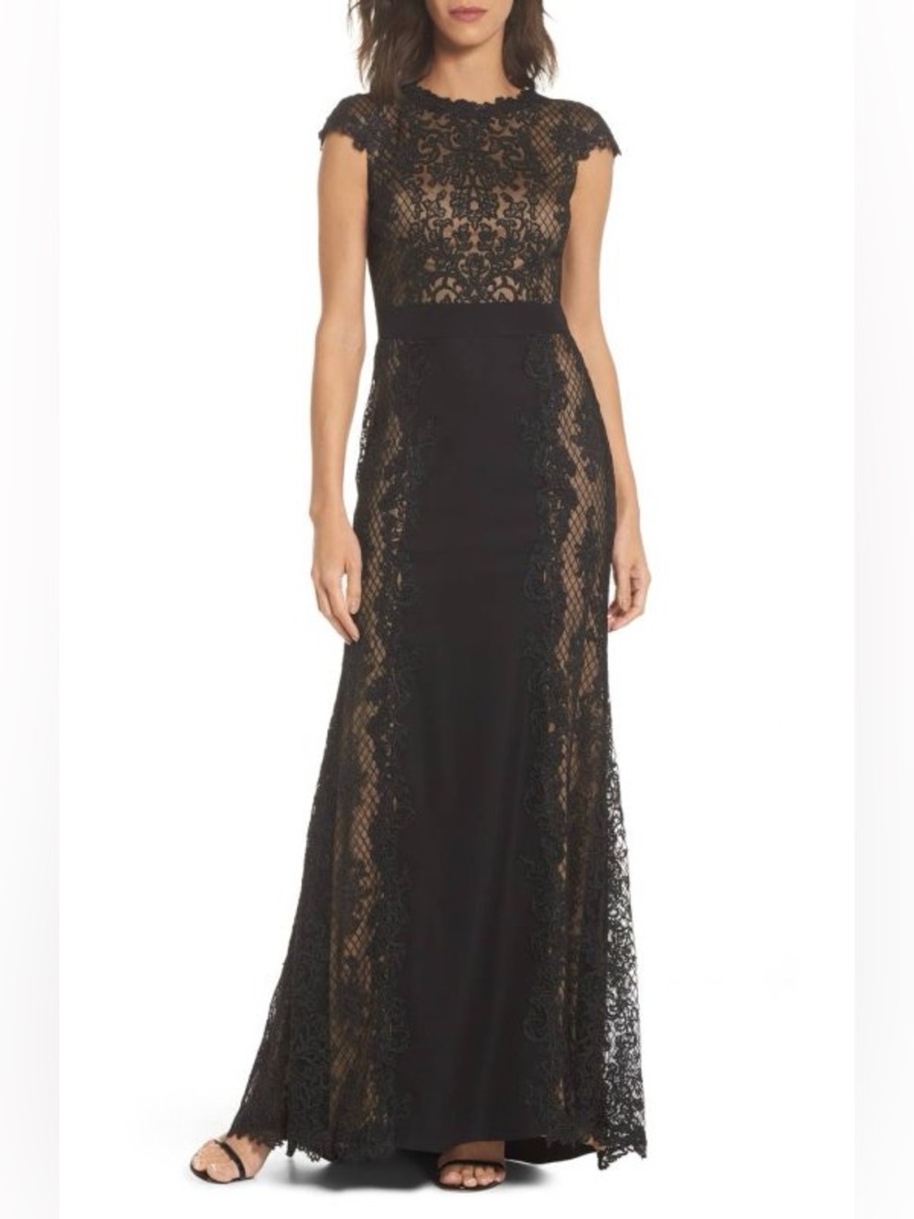 Tadashi Shoji Black Lace Cap-Sleeve Maxi Gown